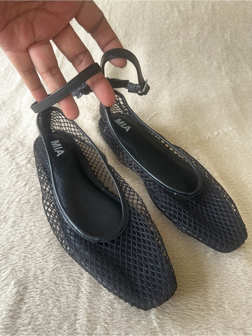 MIA Black Mesh Pointed-Toe Ankle-Strap Flats
